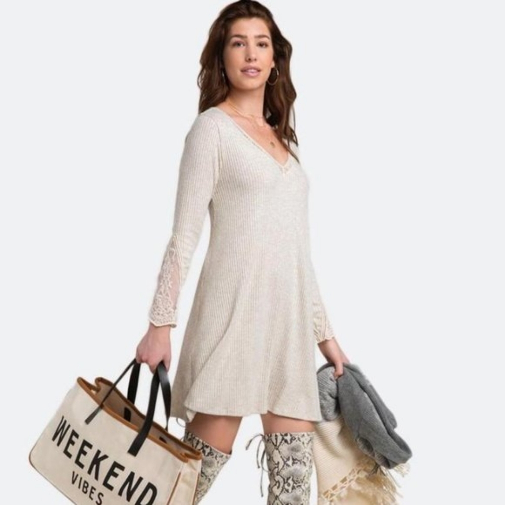 NWT Francesca Cream/Oat Sweater Dress with Lace Sleeve Detail
